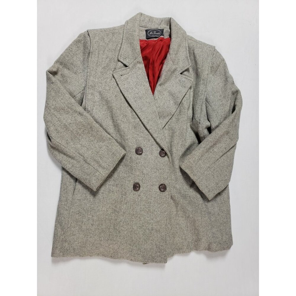 Ms. Freddi Vtg Wool Coat Gray Herringbone Red Lining Hip Length Double Breasted